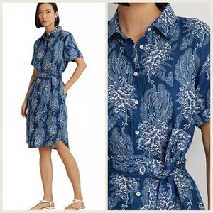 Lauren Ralph Lauren Linen Floral Belted Button Up Shirt Dress Sz 18W